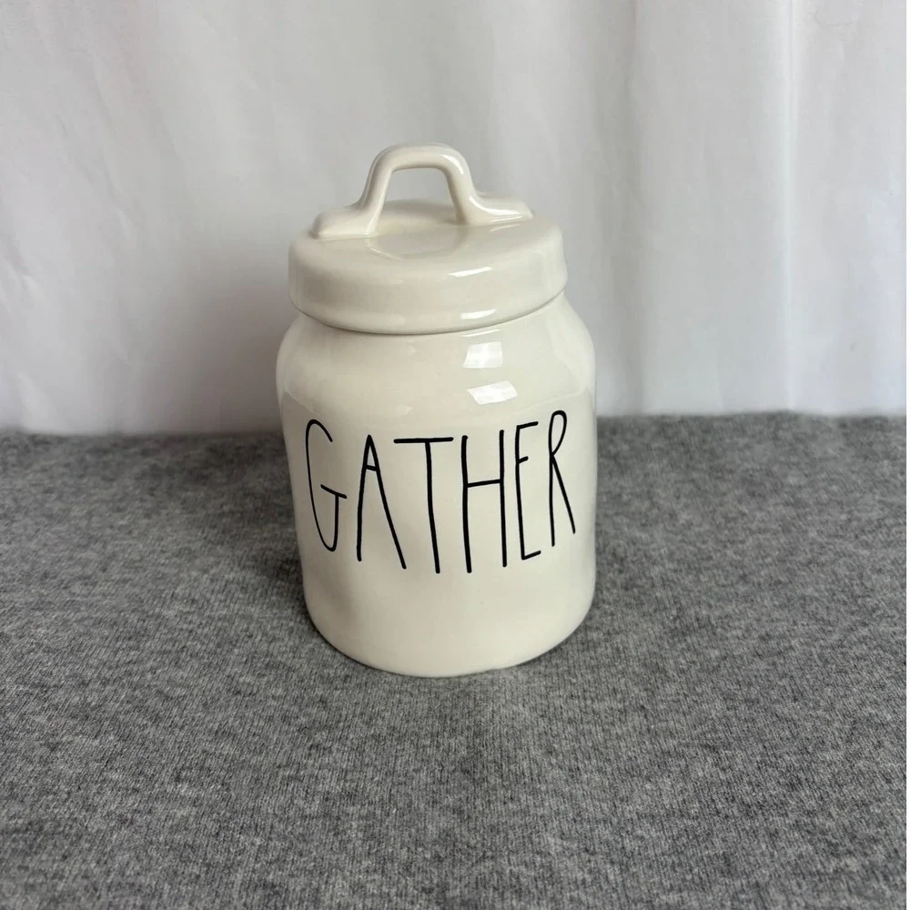 Rae Dunn GATHER Ceramic Canister Ivory Farmhouse Jar with Lid Artisan Collection